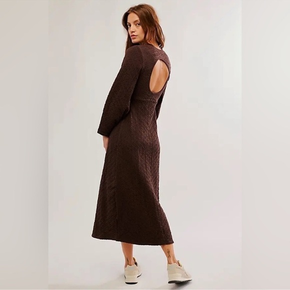 Free People Women's Gabby Long Sleeve Textured Cut Out Back Midi Dress Brown M/L - Picture 2 of 14